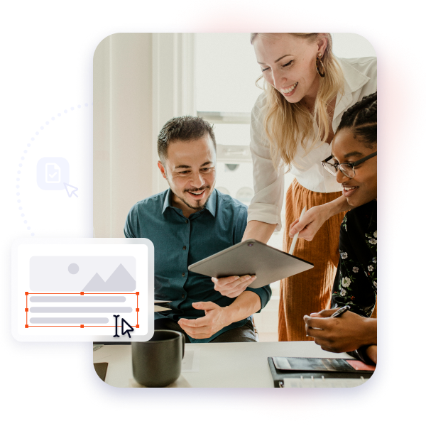 Diverse team happily discussing a project using a tablet